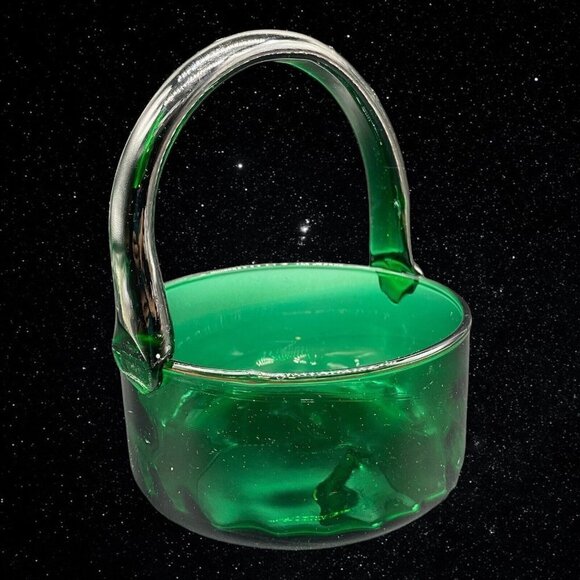 Art Glass Emerald Green Centerpiece Handled Basket Hand Blown 6”T 5”W - Picture 2 of 8